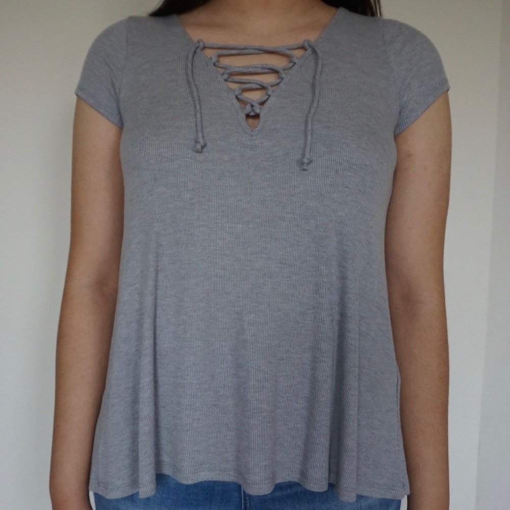 NWT Hollister Gray Lace-up Short Sleeve Top